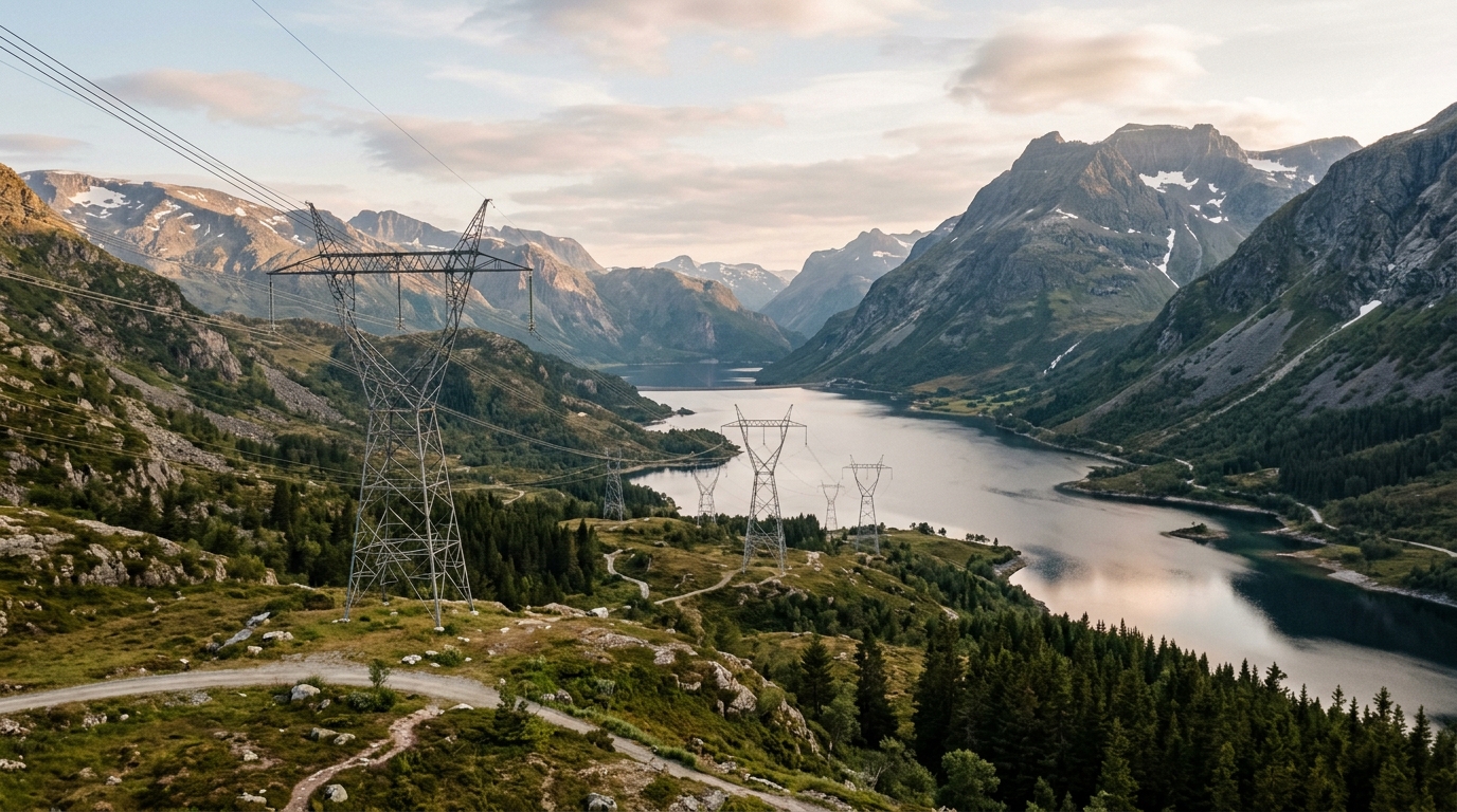 Kraftlinjer og master over en norsk dal med demning og fjell